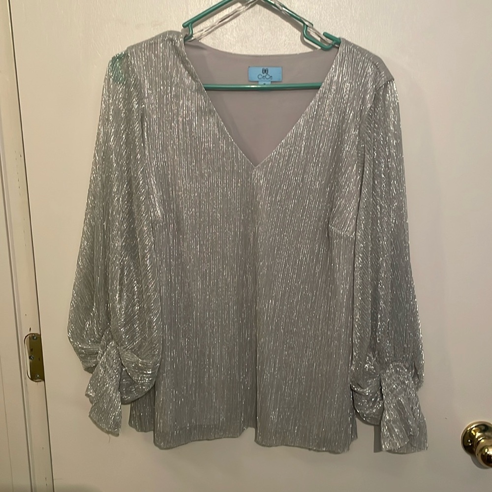 CeCe Silver Shimmer Long Sleeved Blouse. Size M